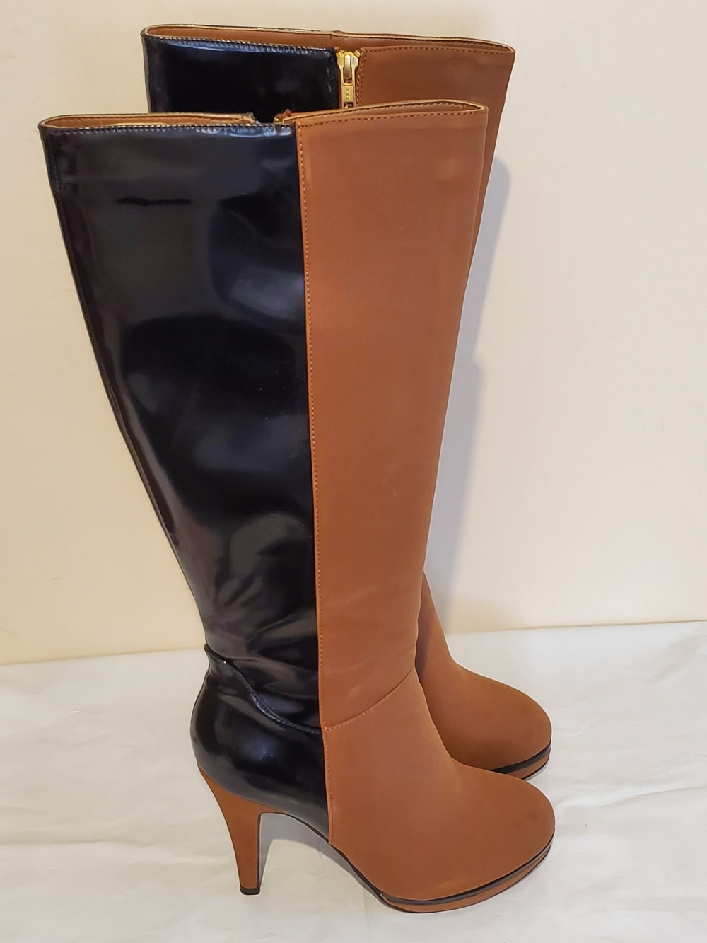 Two-Tone Black and Brown Women's Knee-High Heeled Boots